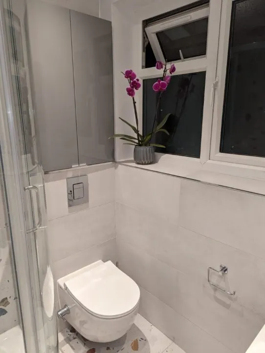 Bathroom with wall-hung toilet and basin on a vanity unit